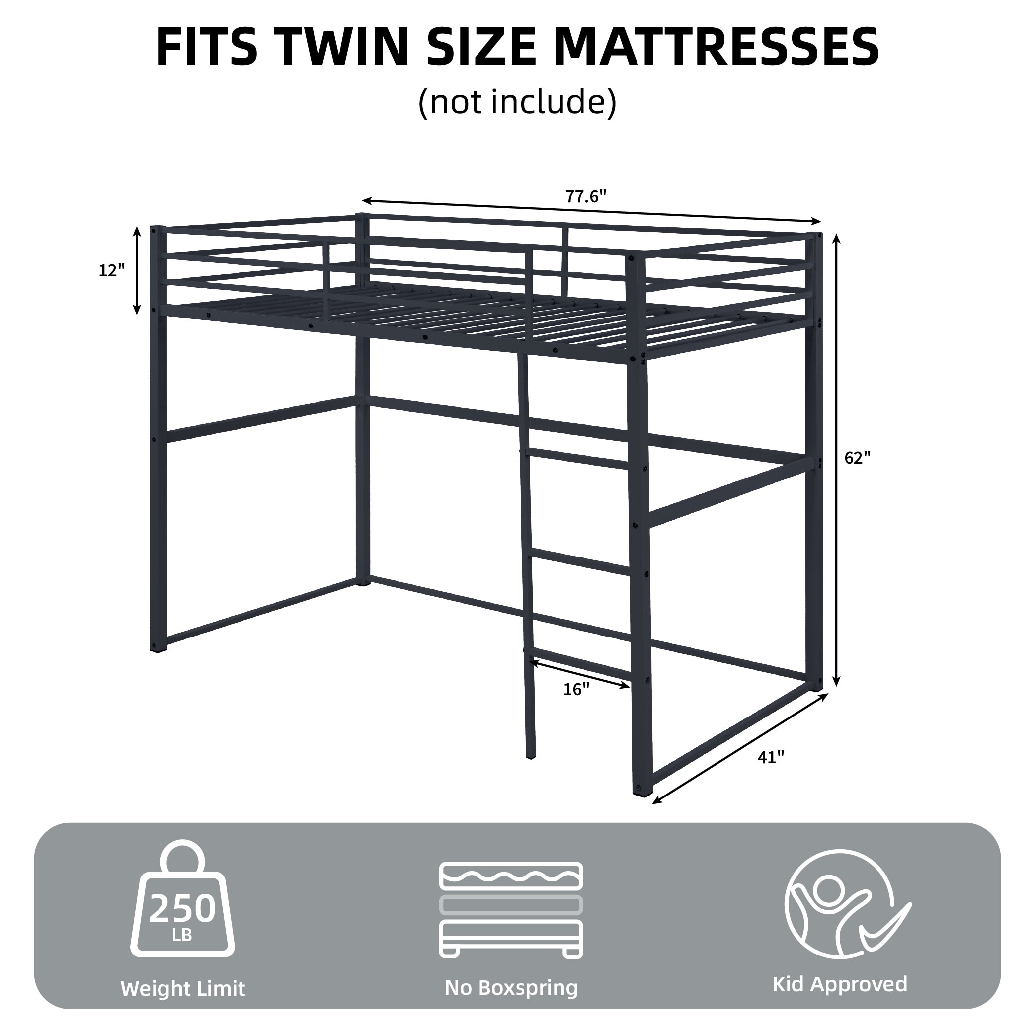 Metal Loft Bed Twin Size, Loft Bed Frame with Safety Guard Rails & Flat Ladder, Twin Loft Bed for Kids Teens Adults, Black Metal Loft Bed Twin Size, Loft Bed Frame with Safety Guard Rails & Flat Ladder, Twin Loft Bed for Kids Teens Adults, Black